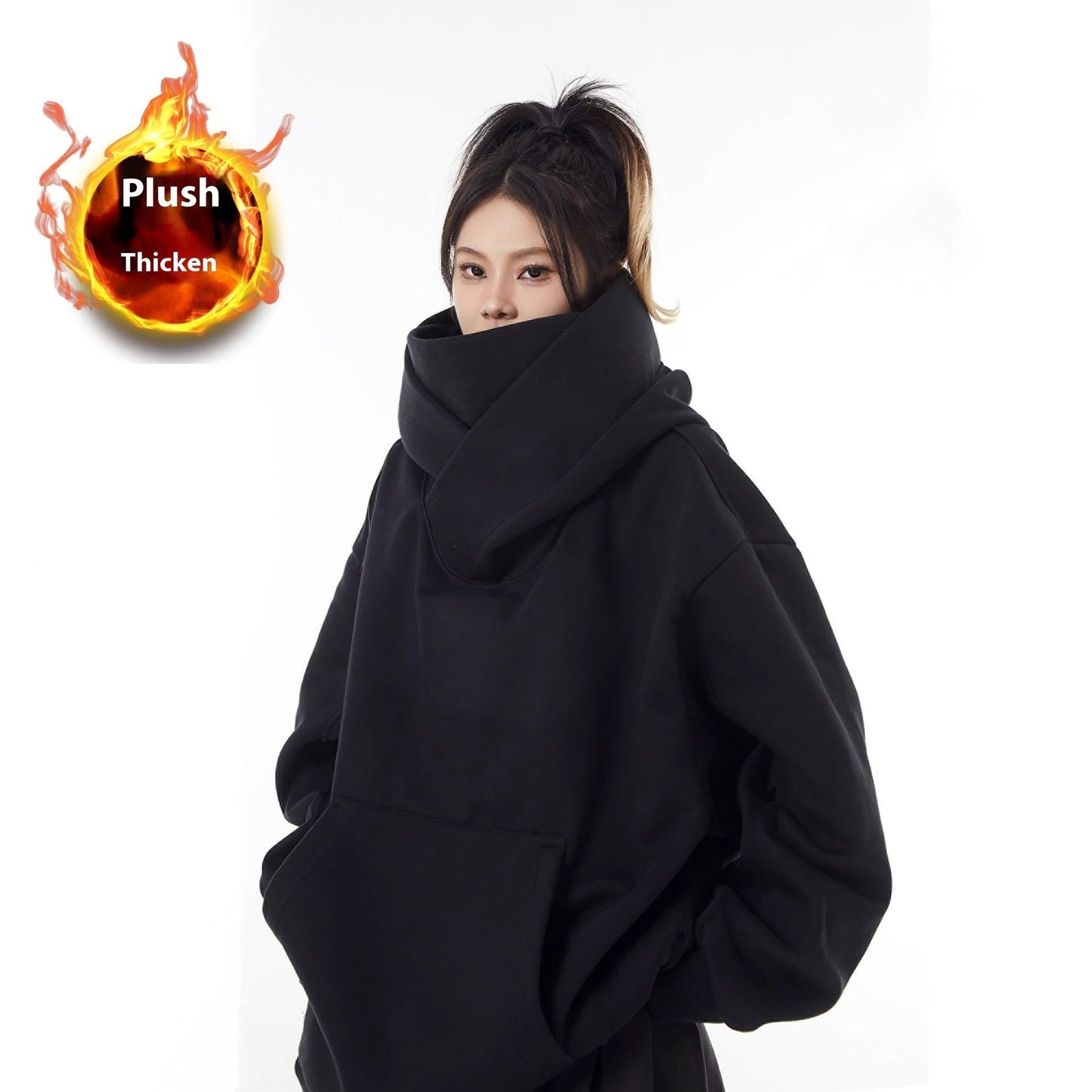 Loose High Collar Fleece Lined Hoodie gods grace