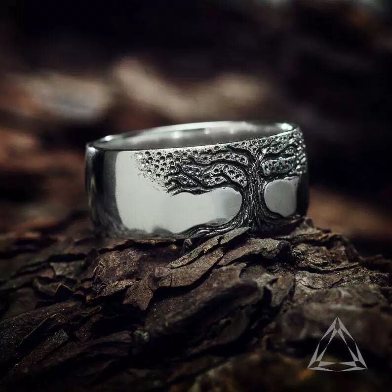 Simple Retro Carved Tree of Life Ring gods grace